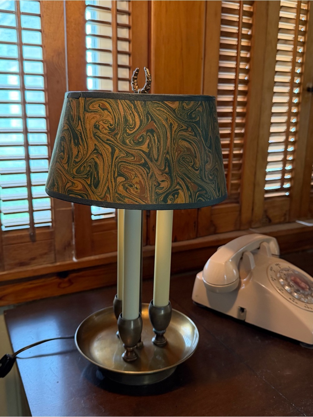 Vintage Gold Brass French Bouillotte Table Lamp with 3 Arms Candle Paper Shade